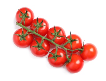 Photo of Branch of fresh cherry tomatoes isolated on white