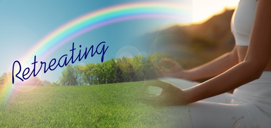 Wellness retreat. Double exposure with woman meditating outdoors and bright rainbow over meadow, banner design