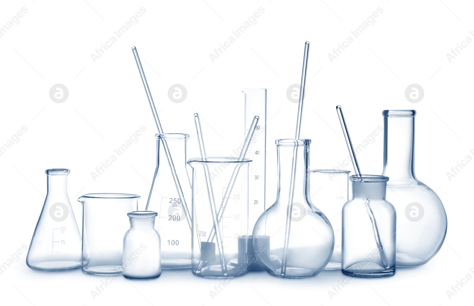 Photo of Empty clean laboratory glassware on white background