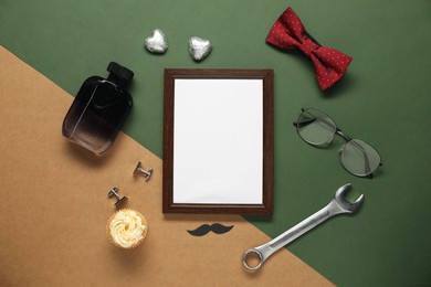 Photo of Empty photo frame, paper mustache and men accessories on color background, flat lay with space for text. Father's day celebration