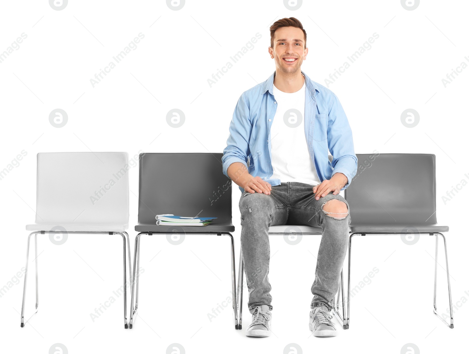Photo of Young man waiting for job interview on white background