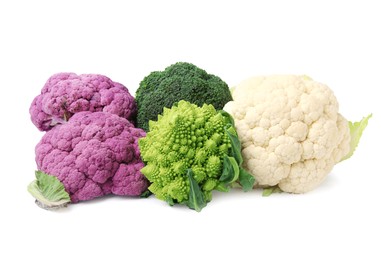 Photo of Different fresh raw cabbages on white background