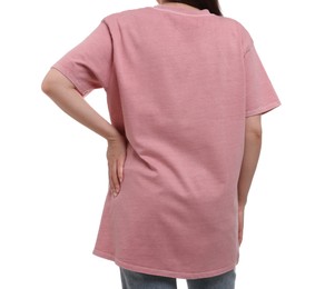 Photo of Woman in stylish pink t-shirt on white background, back view