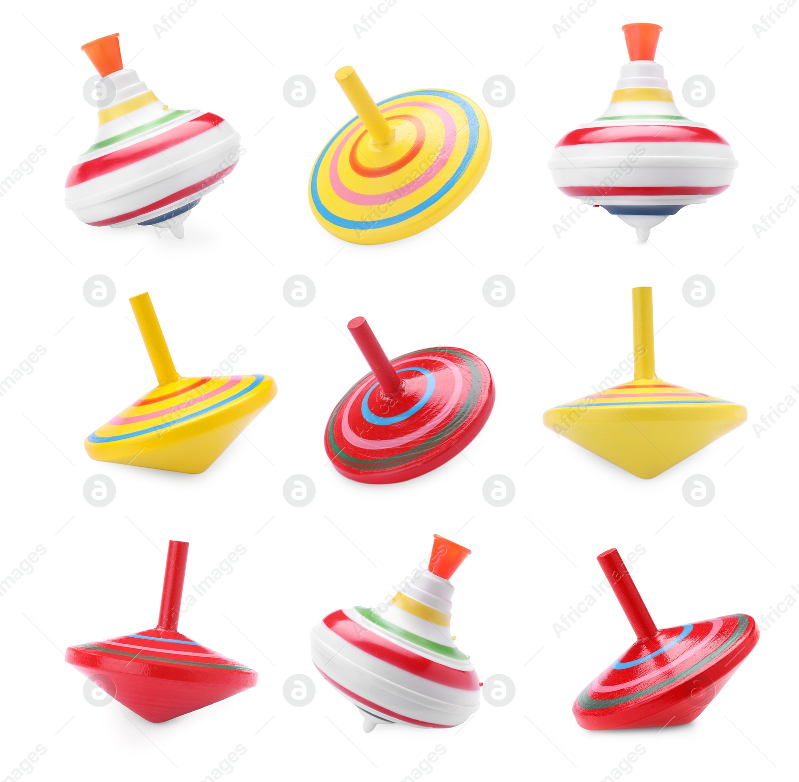 Image of Different spinning tops isolated on white. Toy whirligig