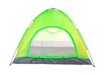 Photo of Colorful tourist tent on white background