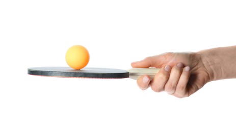 Woman holding ping pong racket and ball on white background, closeup
