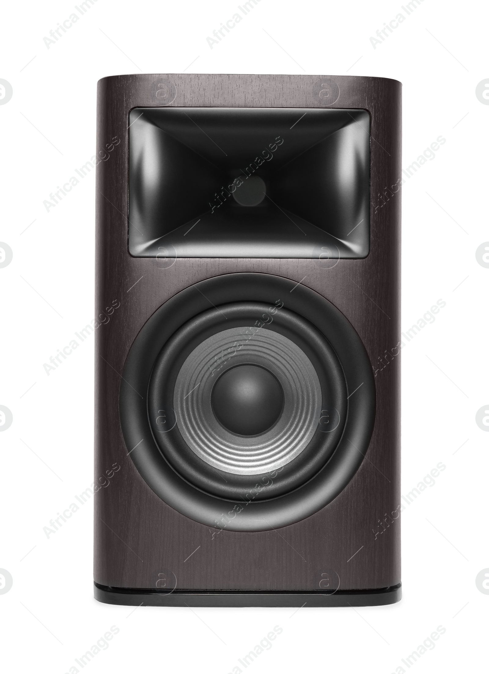 Photo of One wooden sound speaker isolated on white