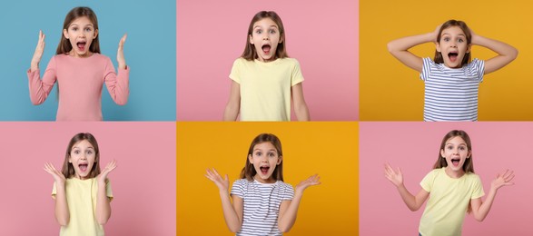 Image of Collage with photos of surprised girl on different color backgrounds