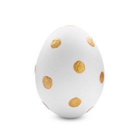 Photo of Traditional Easter egg decorated with golden paint on white background