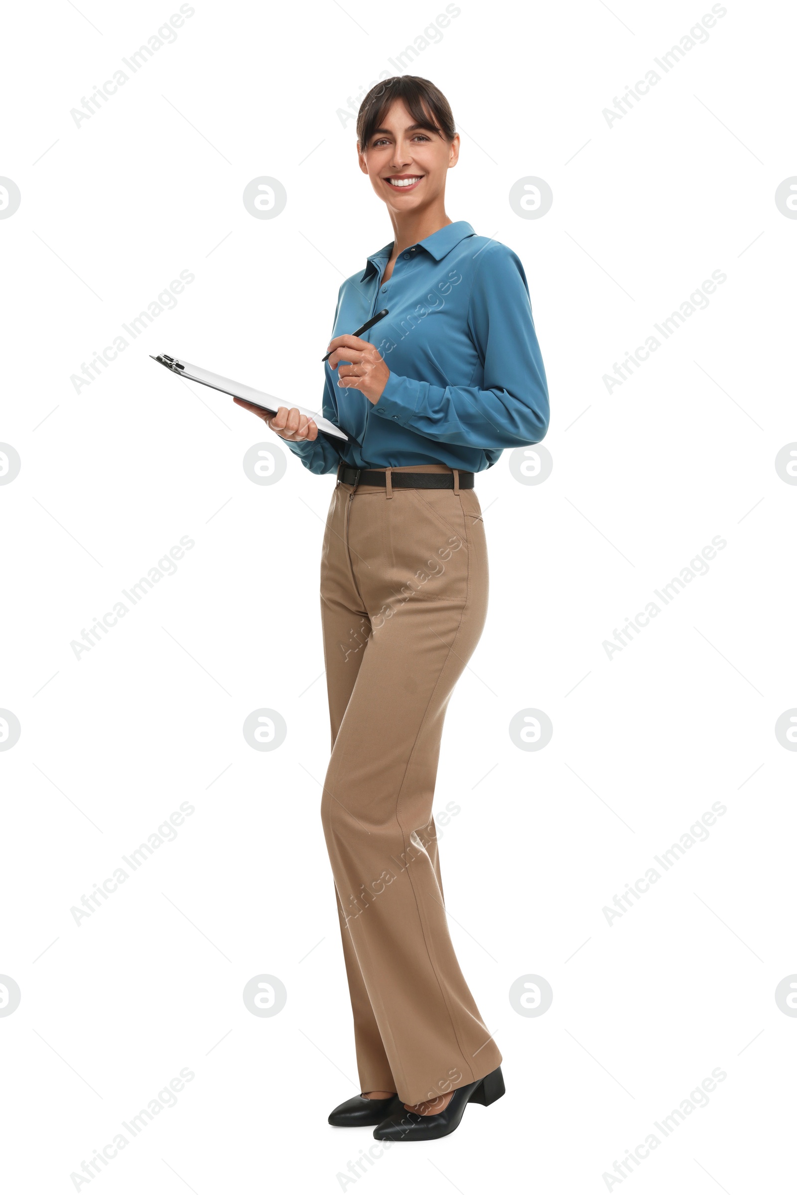 Photo of Happy secretary with clipboard and pen on white background