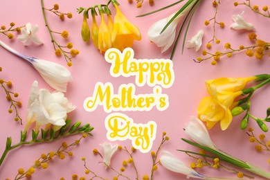 Happy Mother's Day. Beautiful spring flowers on pink background, flat lay