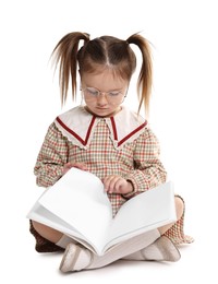 Cute little girl reading book on white background