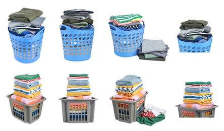 Collage with laundry baskets full of clothes on white background, views from different sides