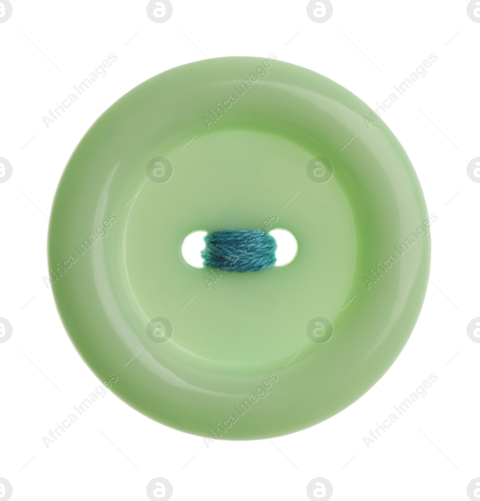 Photo of Green plastic sewing button isolated on white, top view