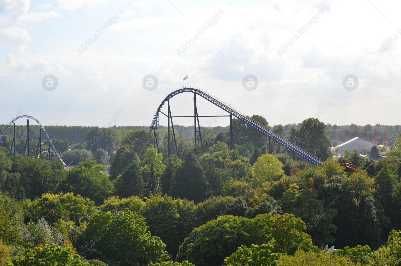 Photo of Amsterdam, The Netherlands - August 8, 2022: Aerial view of Walibi Holland amusement park