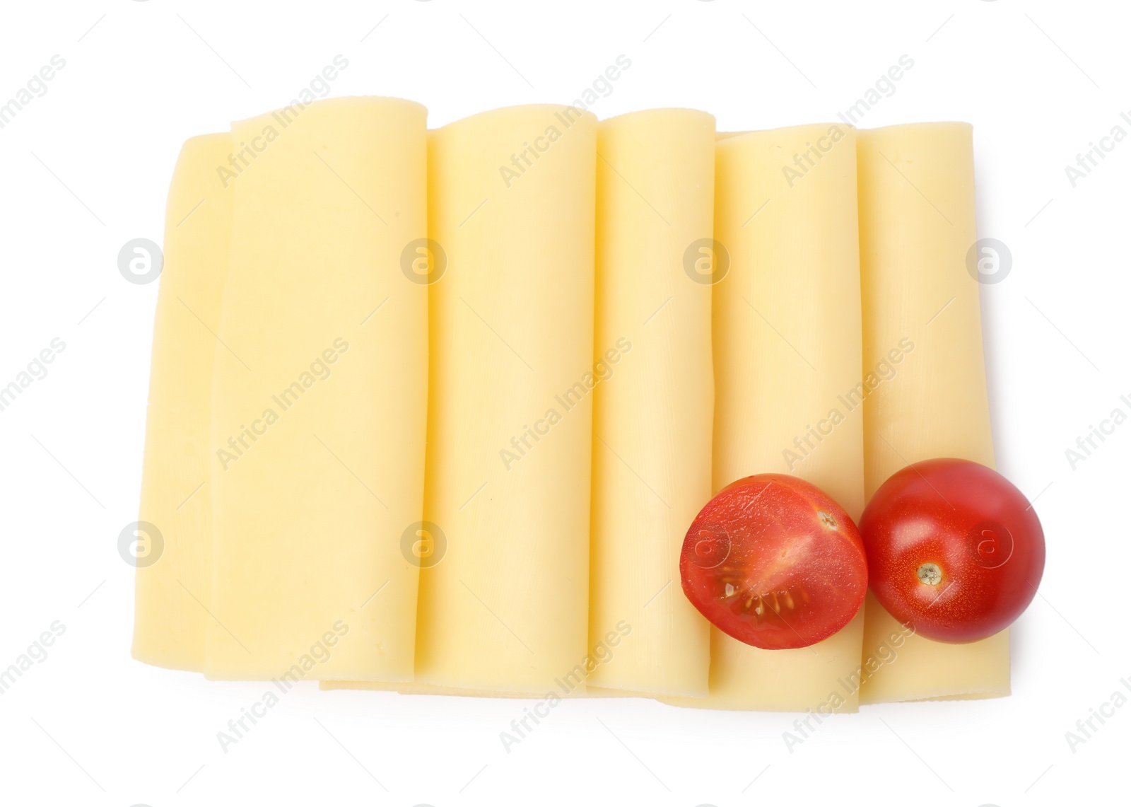 Photo of Slices of tasty fresh cheese and tomatoes isolated on white, top view