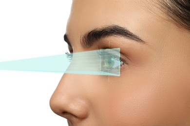 Image of Closeup view of woman and mark illustration on her eye. Vision correction surgery