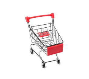 Empty mini metal shopping cart isolated on white