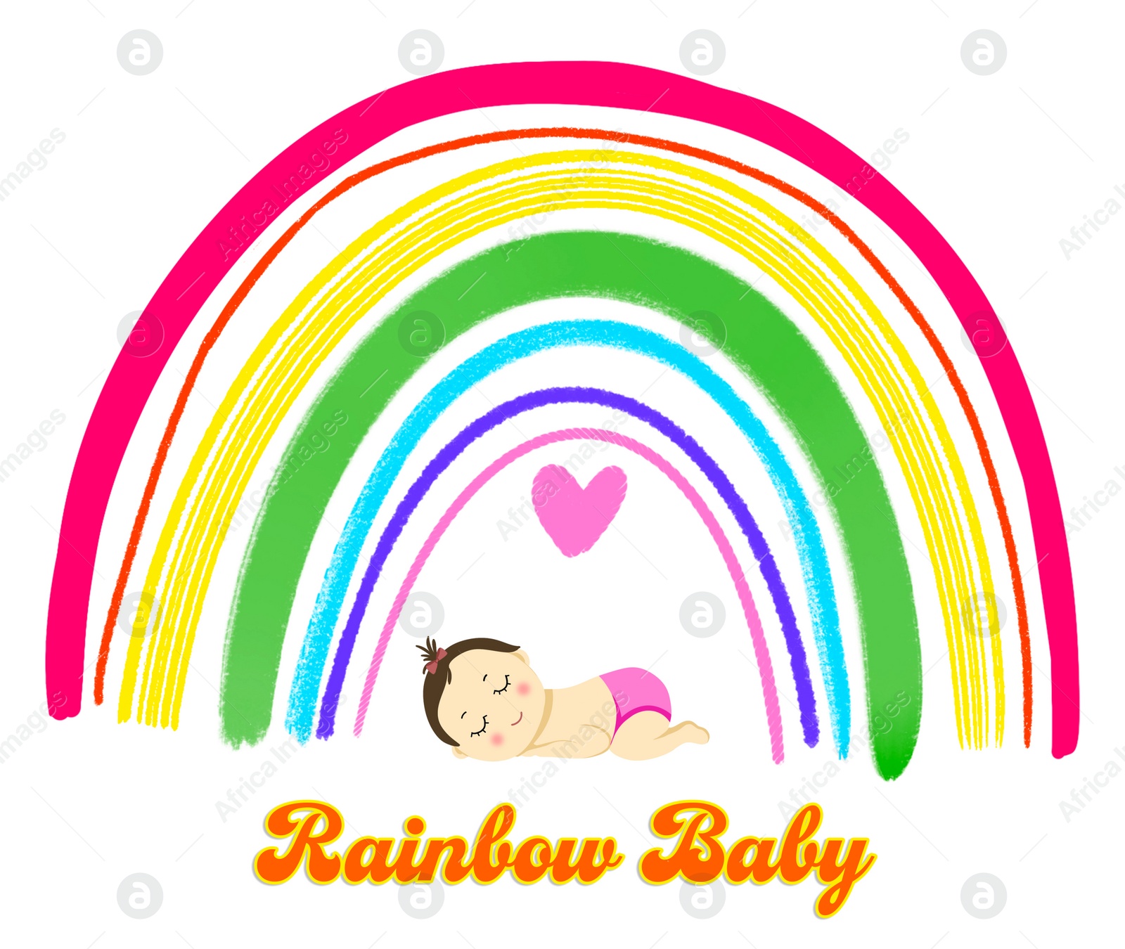 Illustration of National Rainbow Baby Day card. Cute little child sleeping under rainbow on white background, illustration