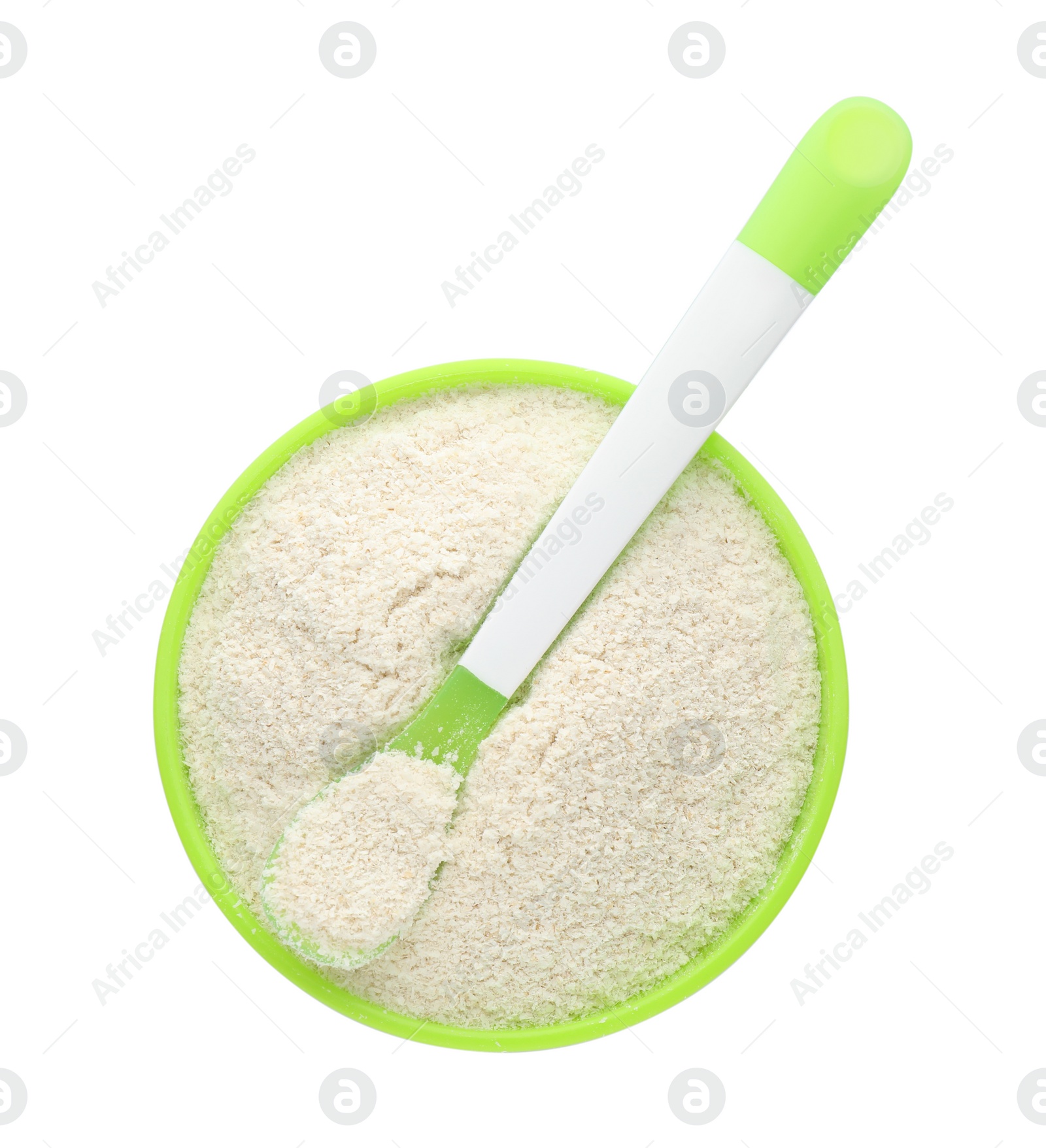 Photo of Dry healthy baby food in bowl on white background, top view