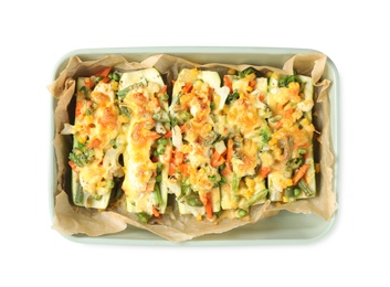 Photo of Baking dish with stuffed zucchinis on white background, top view