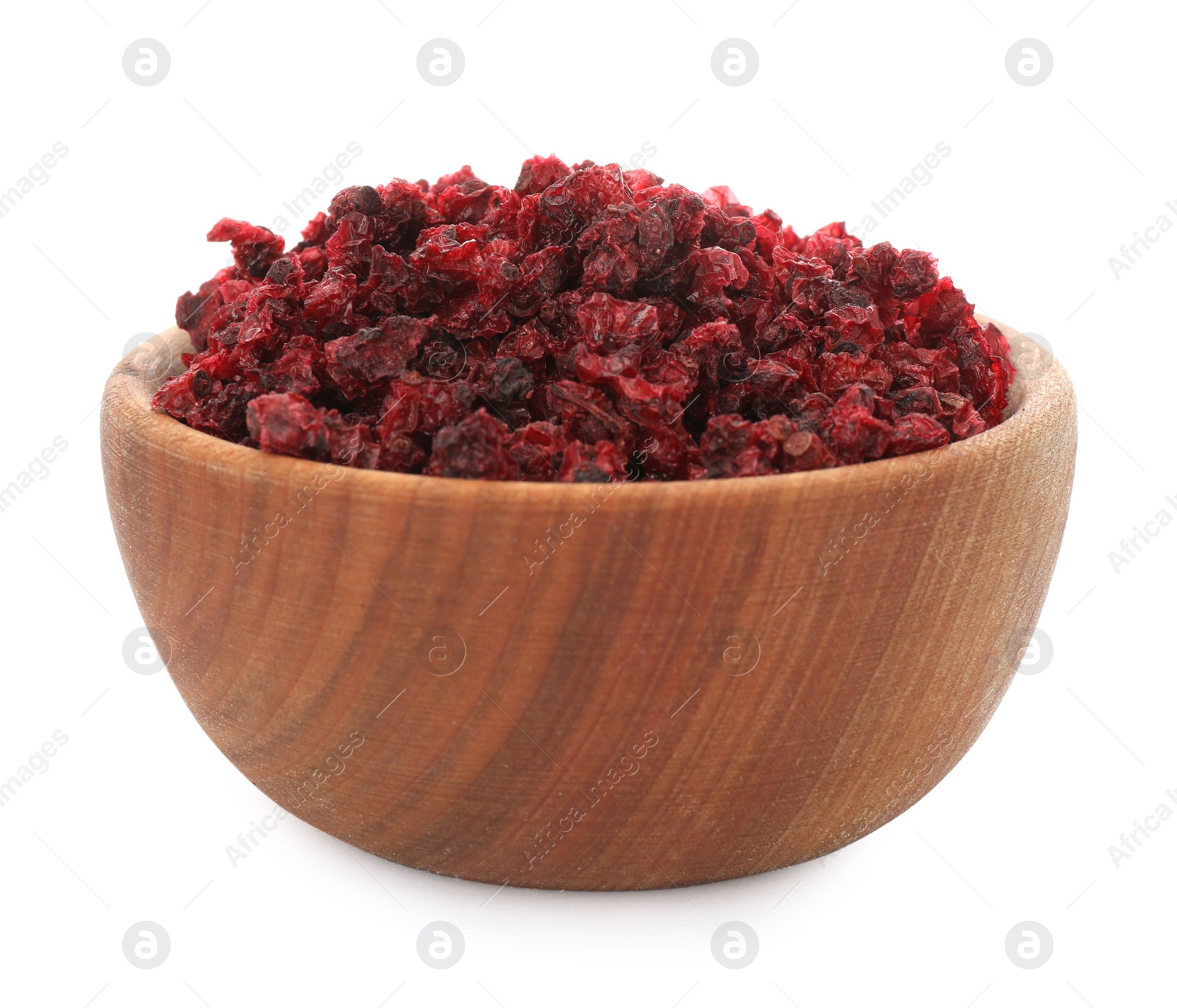 Photo of Dried red currants in wooden bowl isolated on white