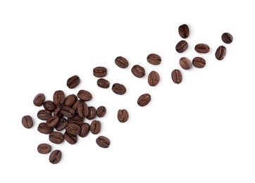 Photo of Roasted coffee beans on white background, top view