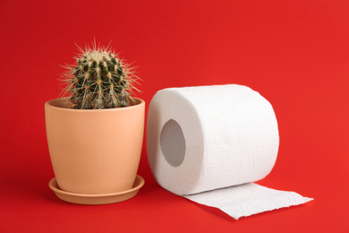 Photo of Roll of toilet paper and cactus on red background. Hemorrhoid problems