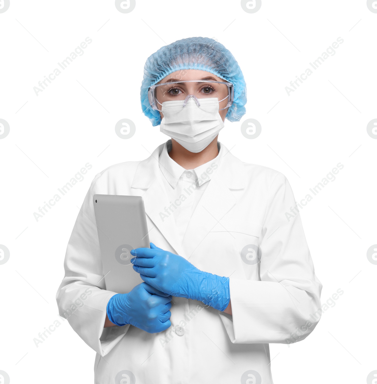 Photo of Quality control. Food inspector with tablet on white background