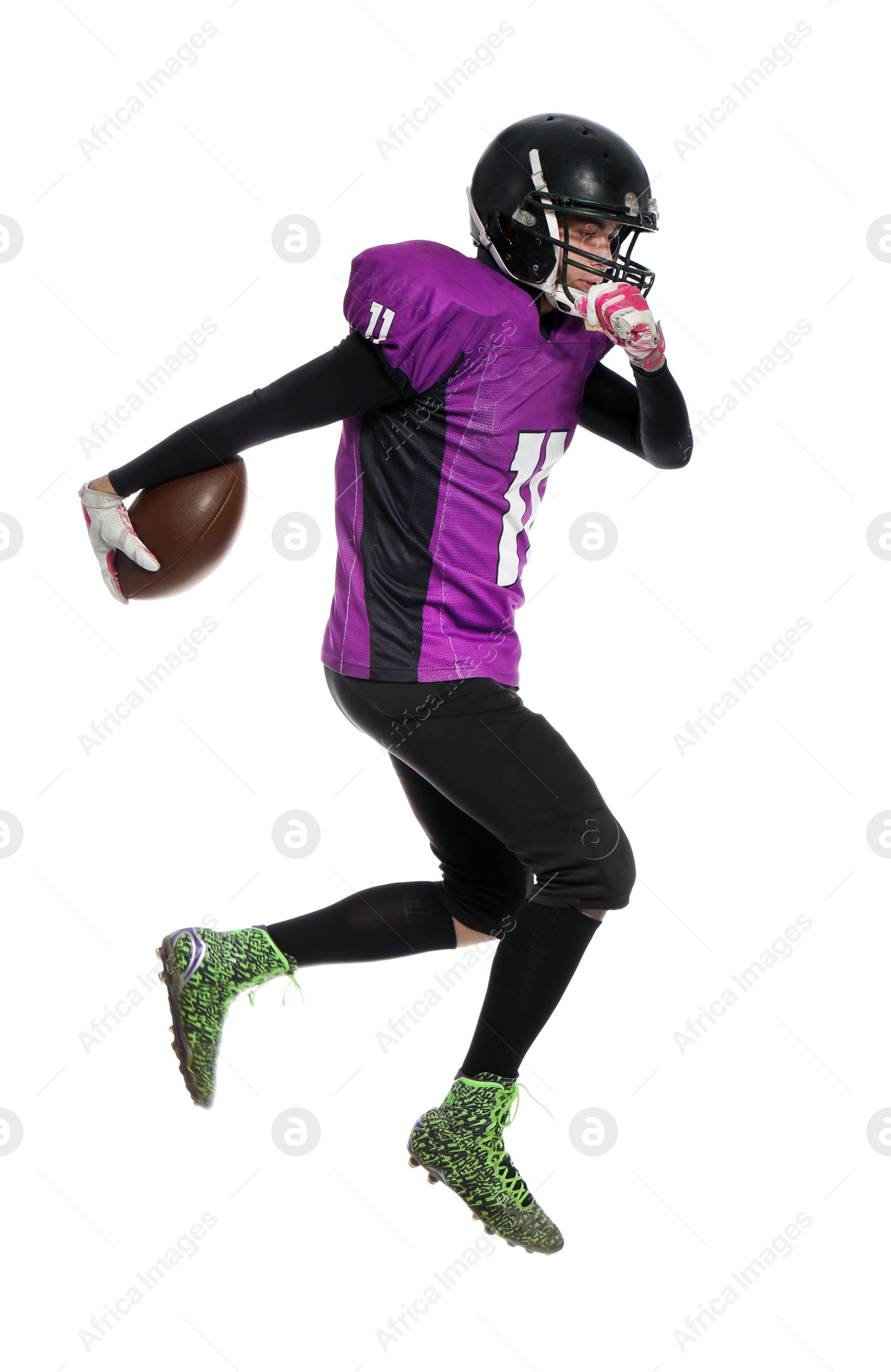 Photo of American football player with ball on white background