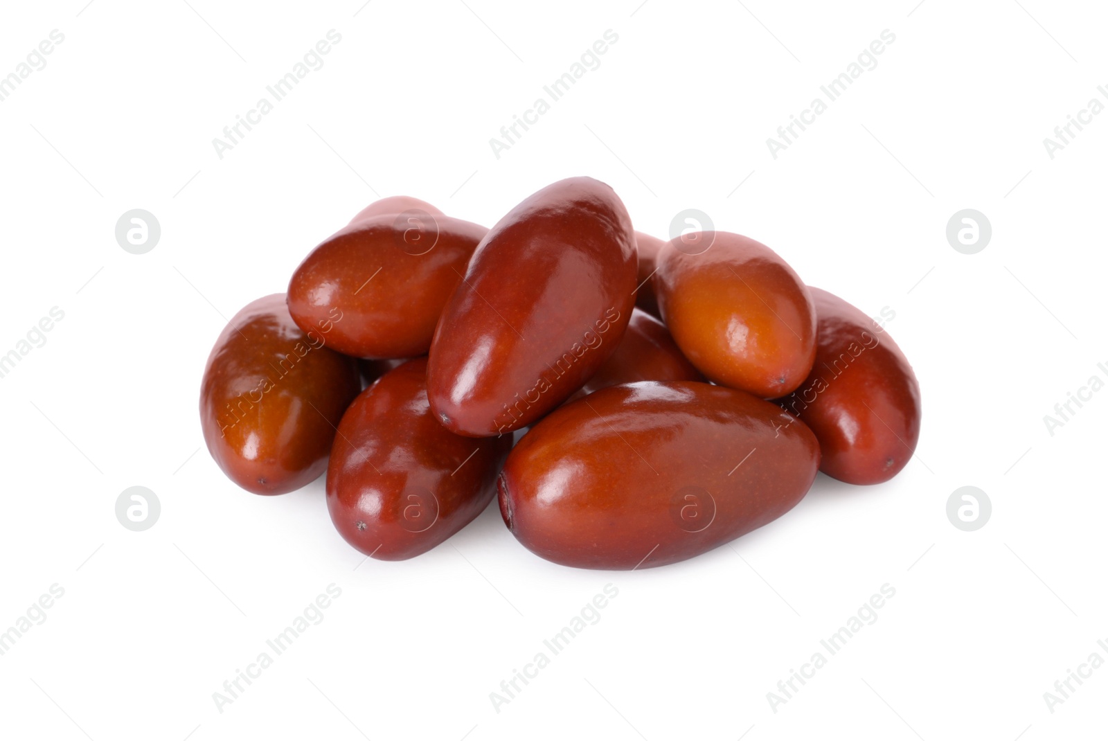 Photo of Heap of ripe red dates on white background