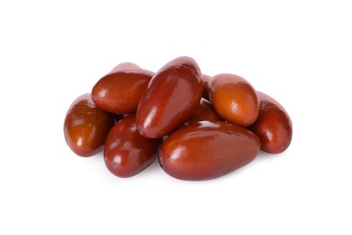 Photo of Heap of ripe red dates on white background