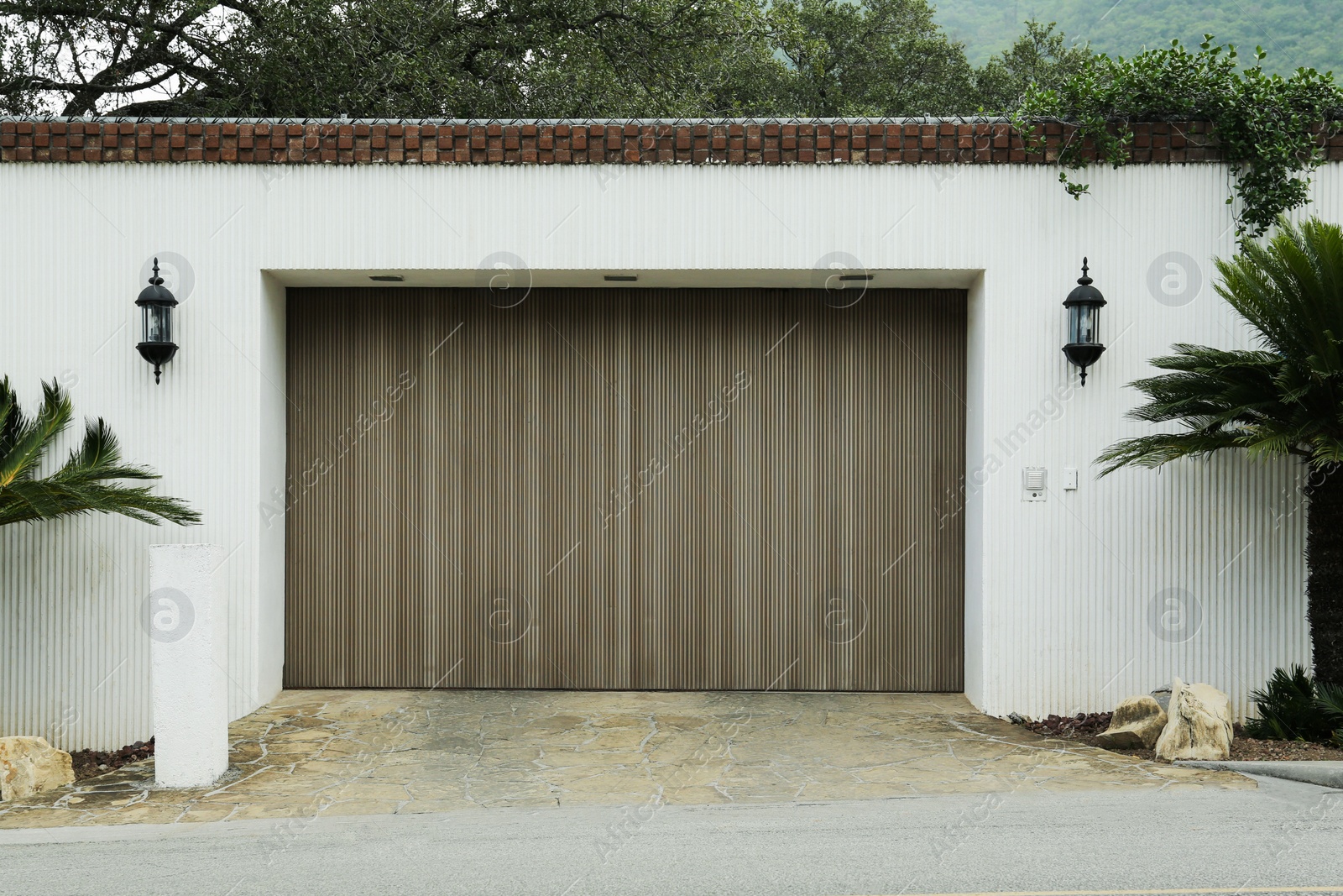 Photo of White wall with closed gates and palms. Exterior design