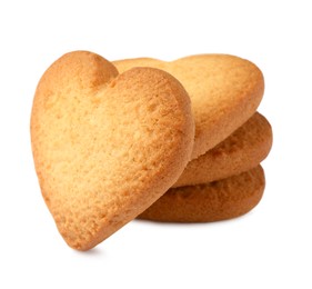 Photo of Tasty heart shaped Danish butter cookies isolated on white