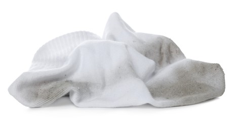 Photo of Pair of dirty socks on white background