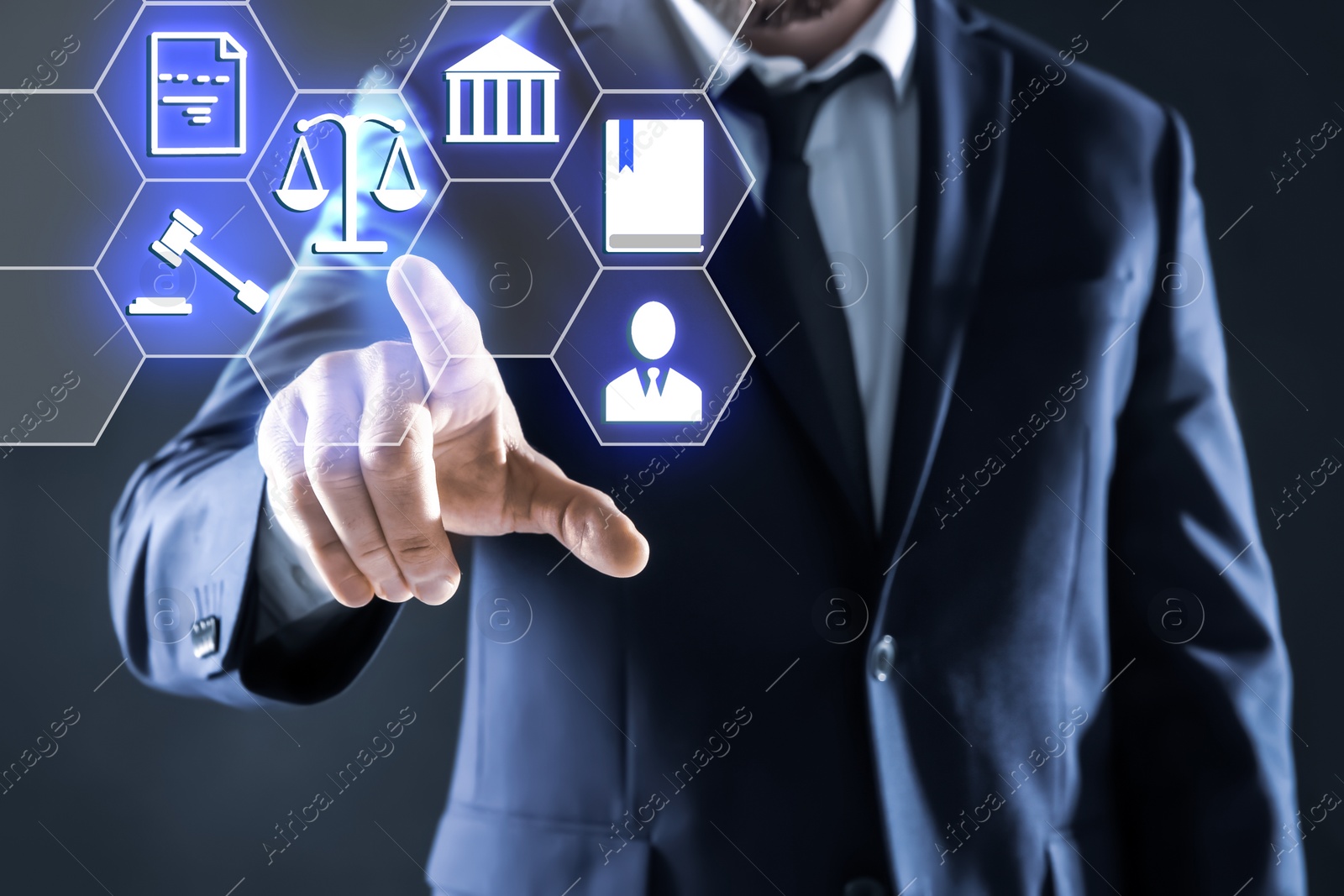 Image of Laws, legal information and online consultation. Man using virtual screen with icons, closeup