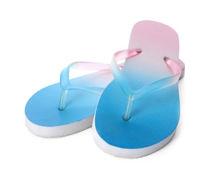 Bright flip flops on white background. Beach object