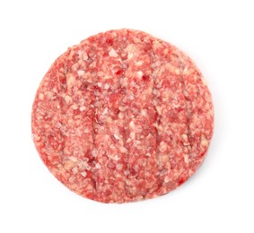 Photo of Raw hamburger patty with salt isolated on white, top view