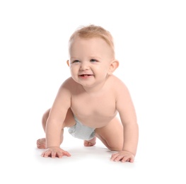 Photo of Cute little baby crawling on white background