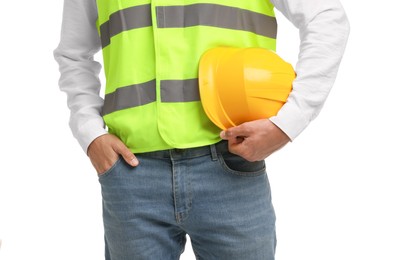 Photo of Engineer with hard hat on white background, closeup