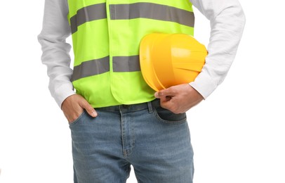 Engineer with hard hat on white background, closeup