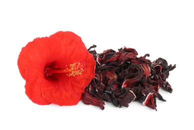 Photo of Pile of dry hibiscus tea and beautiful flower isolated on white