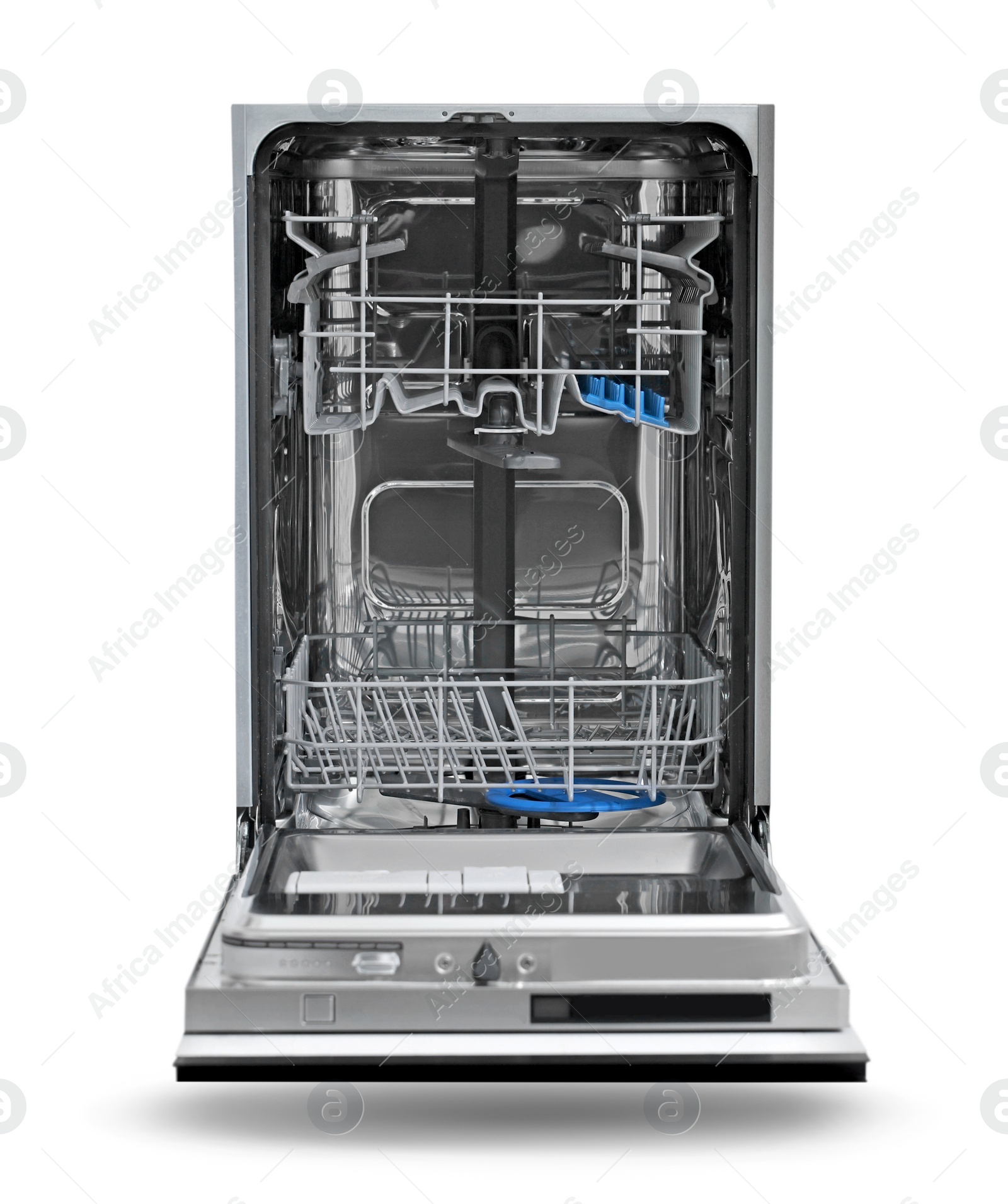 Image of Empty modern dishwasher isolated on white. Home appliance