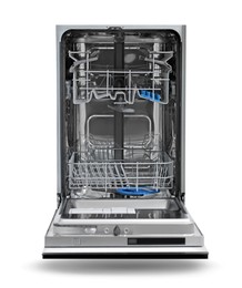 Image of Empty modern dishwasher isolated on white. Home appliance