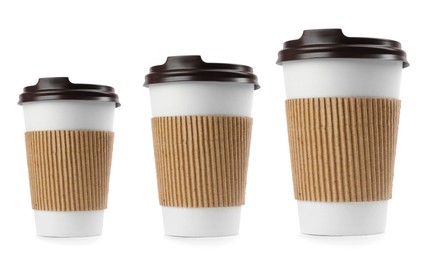 Paper coffee cups of different sizes on white background, collage