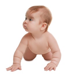 Cute little baby crawling on white background