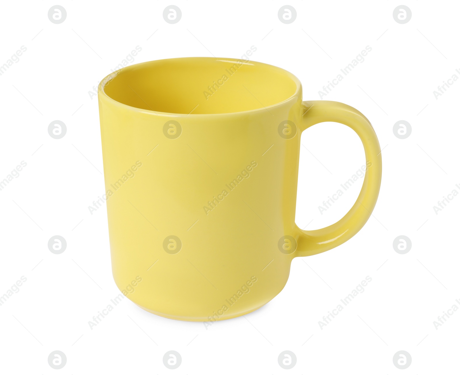 Photo of One yellow ceramic mug isolated on white