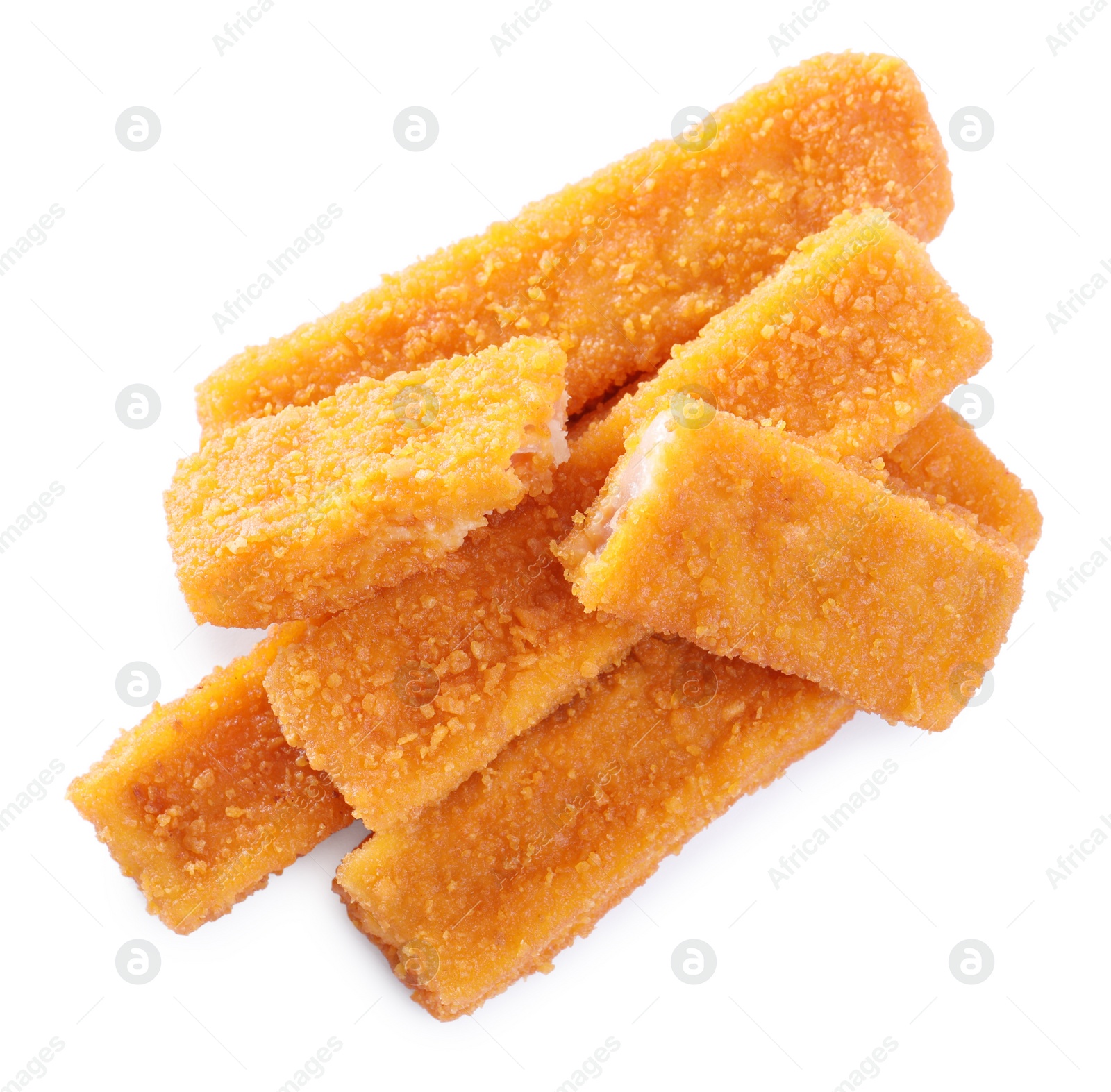 Photo of Fresh breaded fish fingers on white background, top view