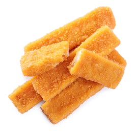 Photo of Fresh breaded fish fingers on white background, top view
