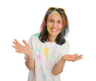 Woman covered with colorful powder dyes on white background. Holi festival celebration